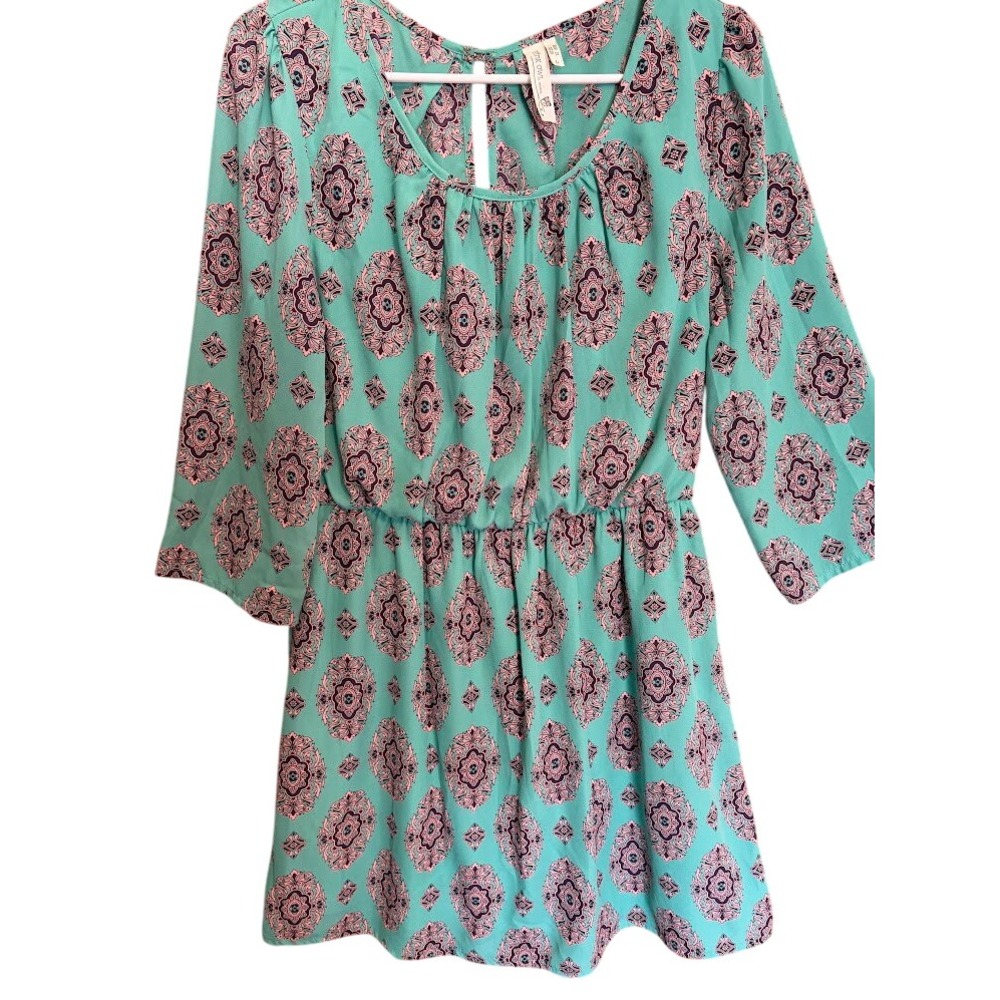 Pink Owl Apparel Teal Pink Medallion Paisley Mini Dress Elastic Waist Large 0057